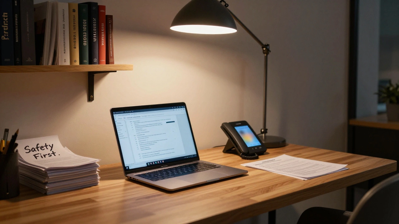 A professional Paris escort agency office with encrypted messages, ID documents, and a &#039;Safety First&#039; note under warm lighting.