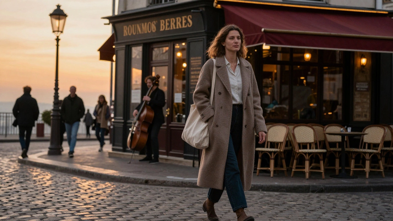 A woman walks alone through Montmartre at sunset, passing a bookstore and jazz musician, calm and unseen.